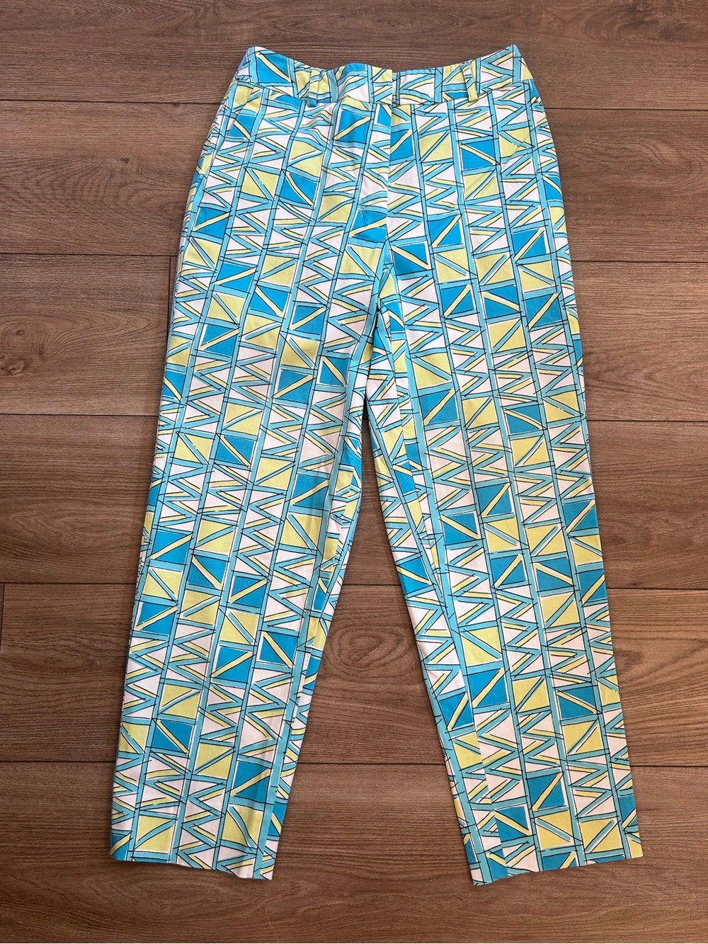 Talbots Petites 2P Geometric Stretch Ankle Crop Pants Blue Yellow